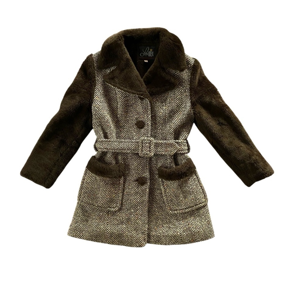 Vintage 60s Coat Faux Fur Belted Jacket Womens Small XS